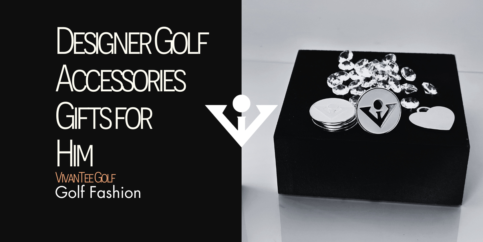 Image in black and white of a designer golf accessory next to diamonds and a charmin our signature blog banner format.  