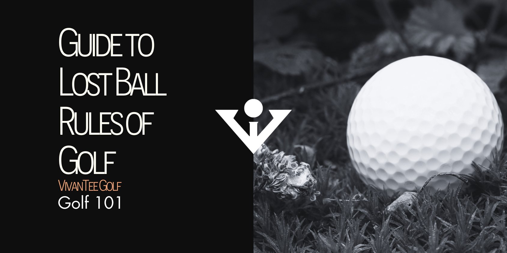 Image in black and white of a golf ball lost in the forest in VivanTee's signature blog banner with title "Guide to Lost Ball Rules of Golf".