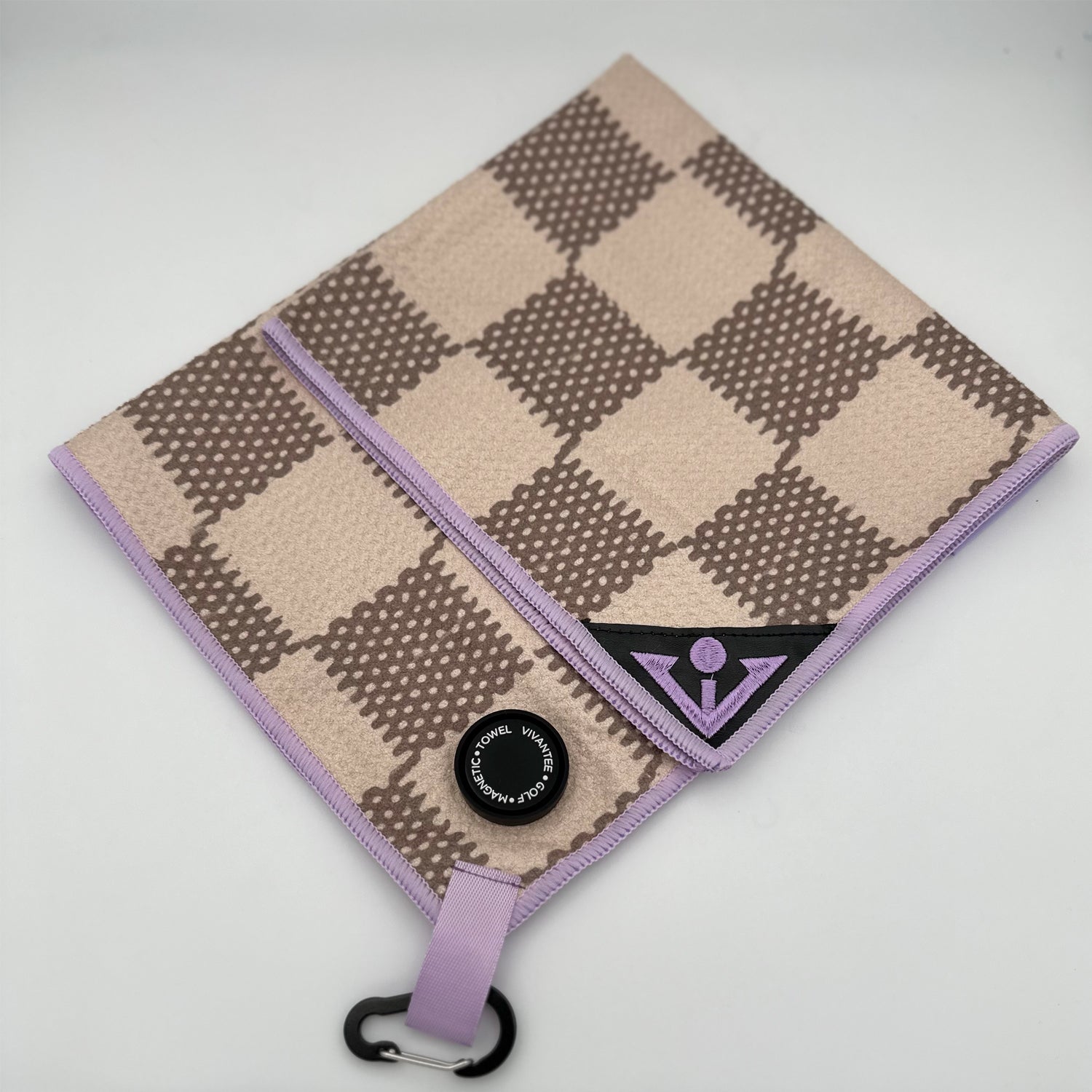 Checkered print magnetic golf towel in tan and lavender by VivanTee Golf.