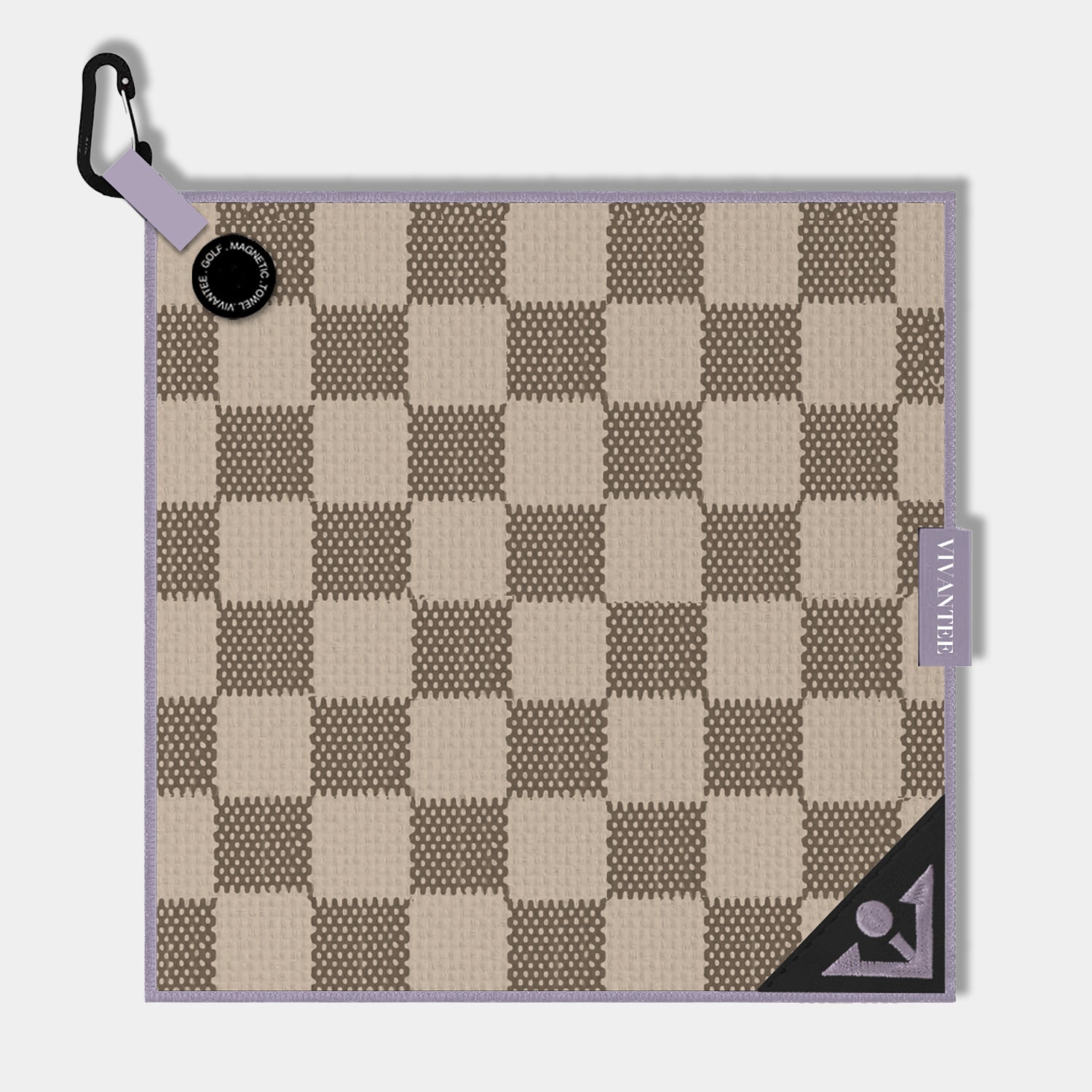 Tan and brown checkered magnetic golf towel with lavender accents by VivanTee.