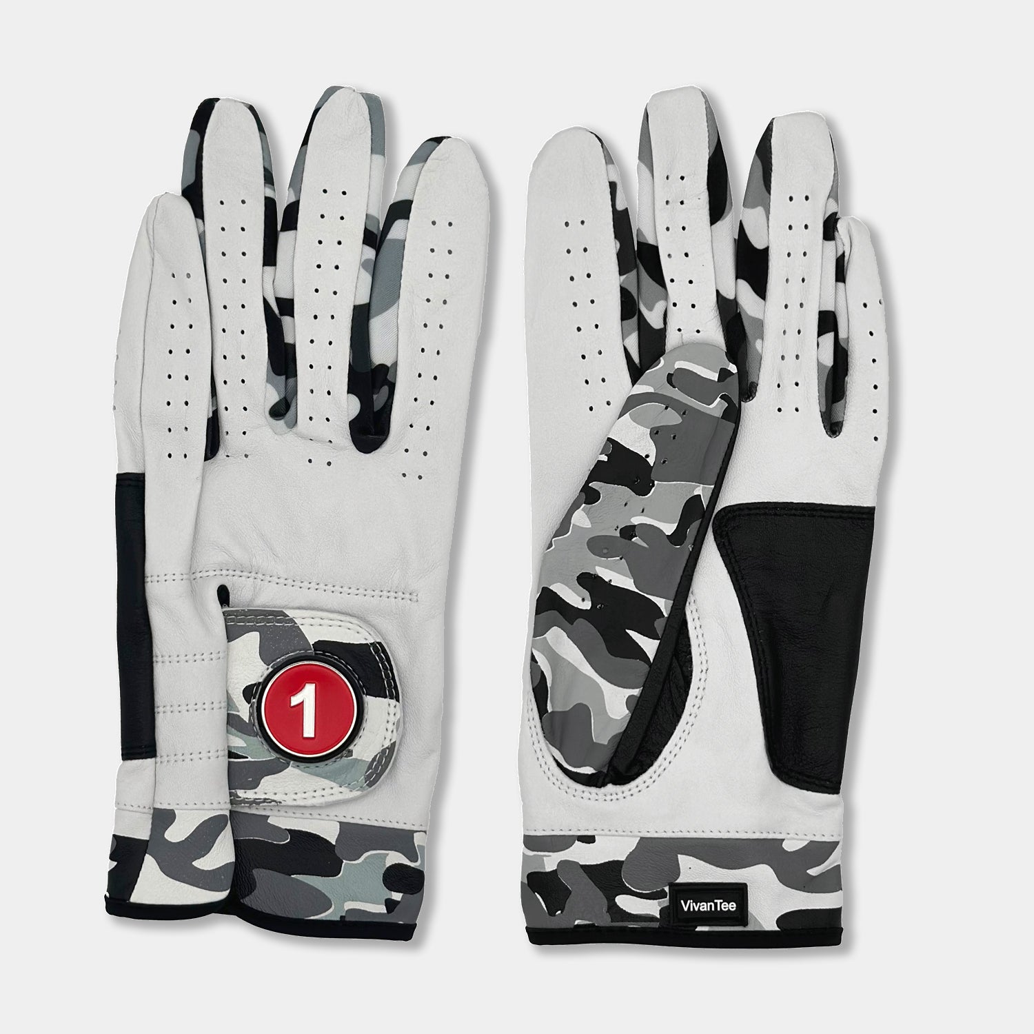 Pair of men's ghost camo golf glove with a red magnetic ball marker laid down showing the camo design on front and back of the golf glove.