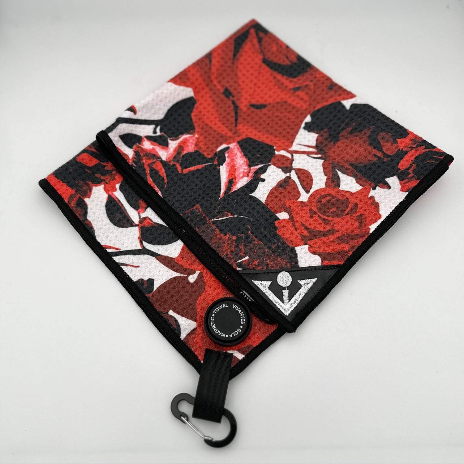 Rose Print Magnetic golf towel by VivanTee in red and black.