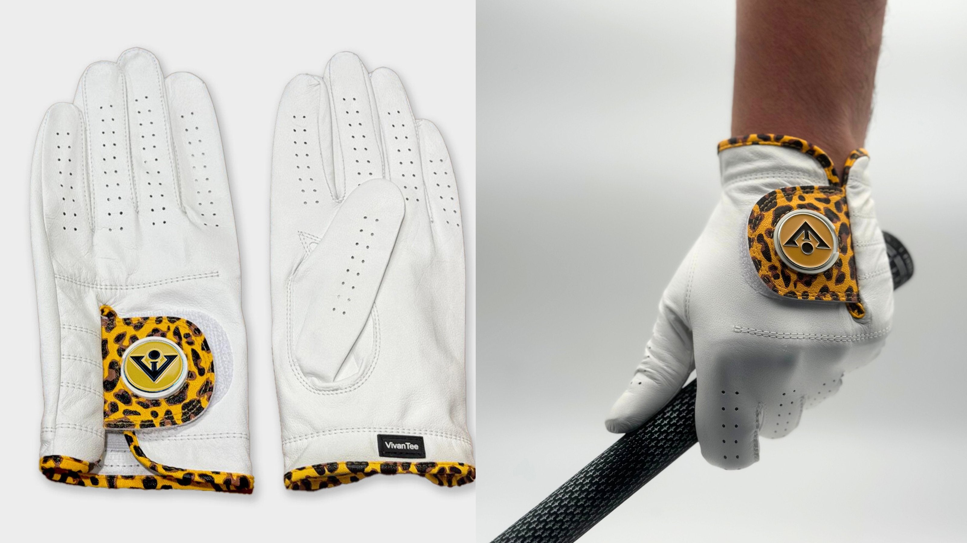 Two Images of a unique golf glove with ball marker in cheetah print, the left image showing the glove laid out and the right image showing a close up of the glove gripping a golf club.  