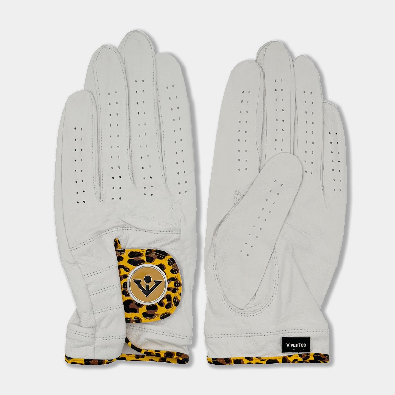 men's Cheetah print golf glove by VivanTee laid out showing front and back of the design.