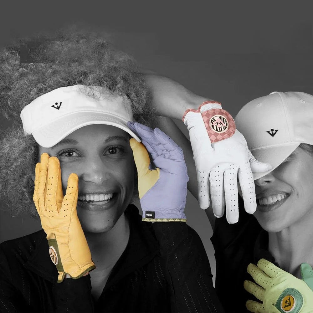 Variety of designer golf gloves in various colors on all hands, cool golf gloves with smiling women in black and white.