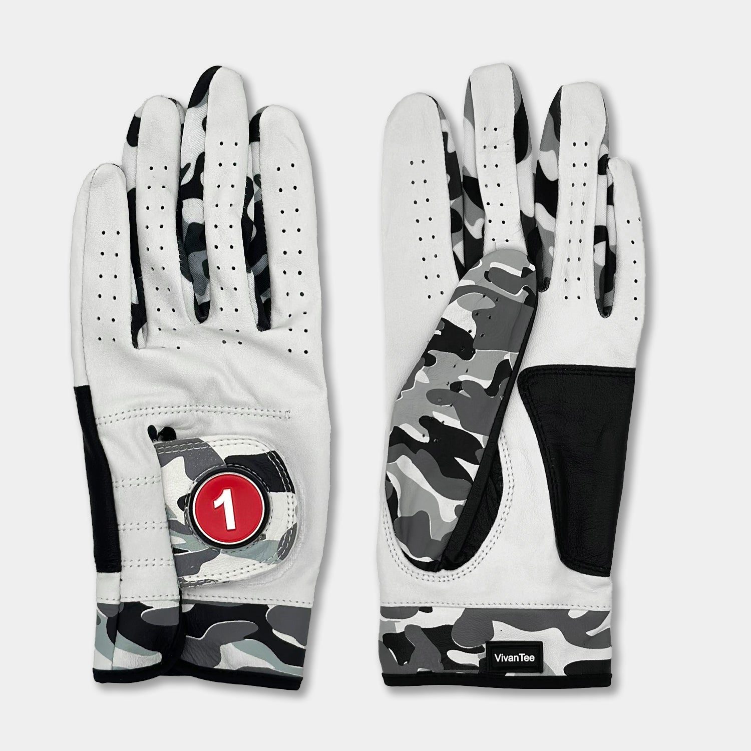 Pair of men's ghost camo golf glove with a red magnetic ball marker laid down showing the camo design on front and back of the golf glove.