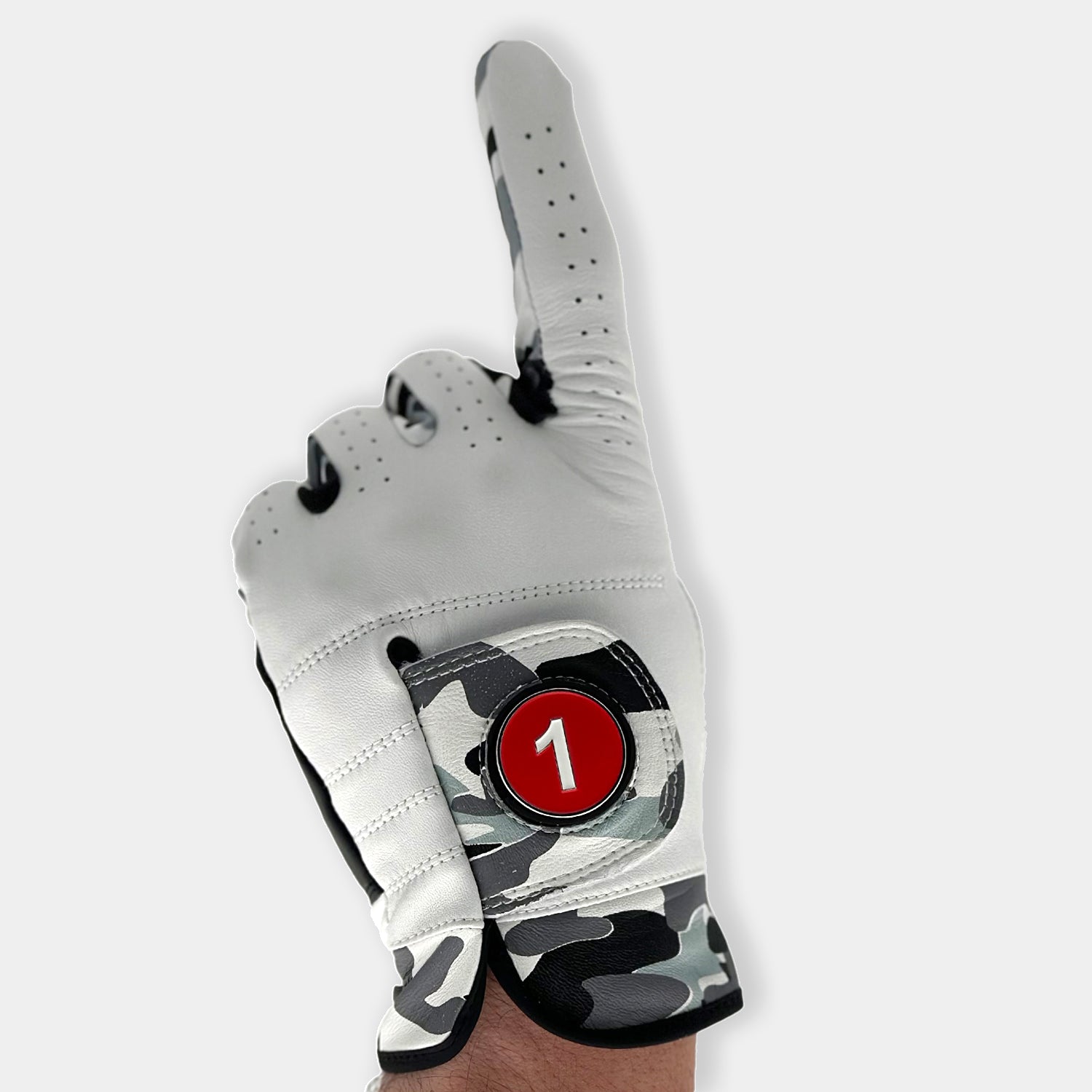 VivanTee Cabretta leather golf glove in white and gray camouflage, featuring a bold red "1" marker for a premium golf experience.