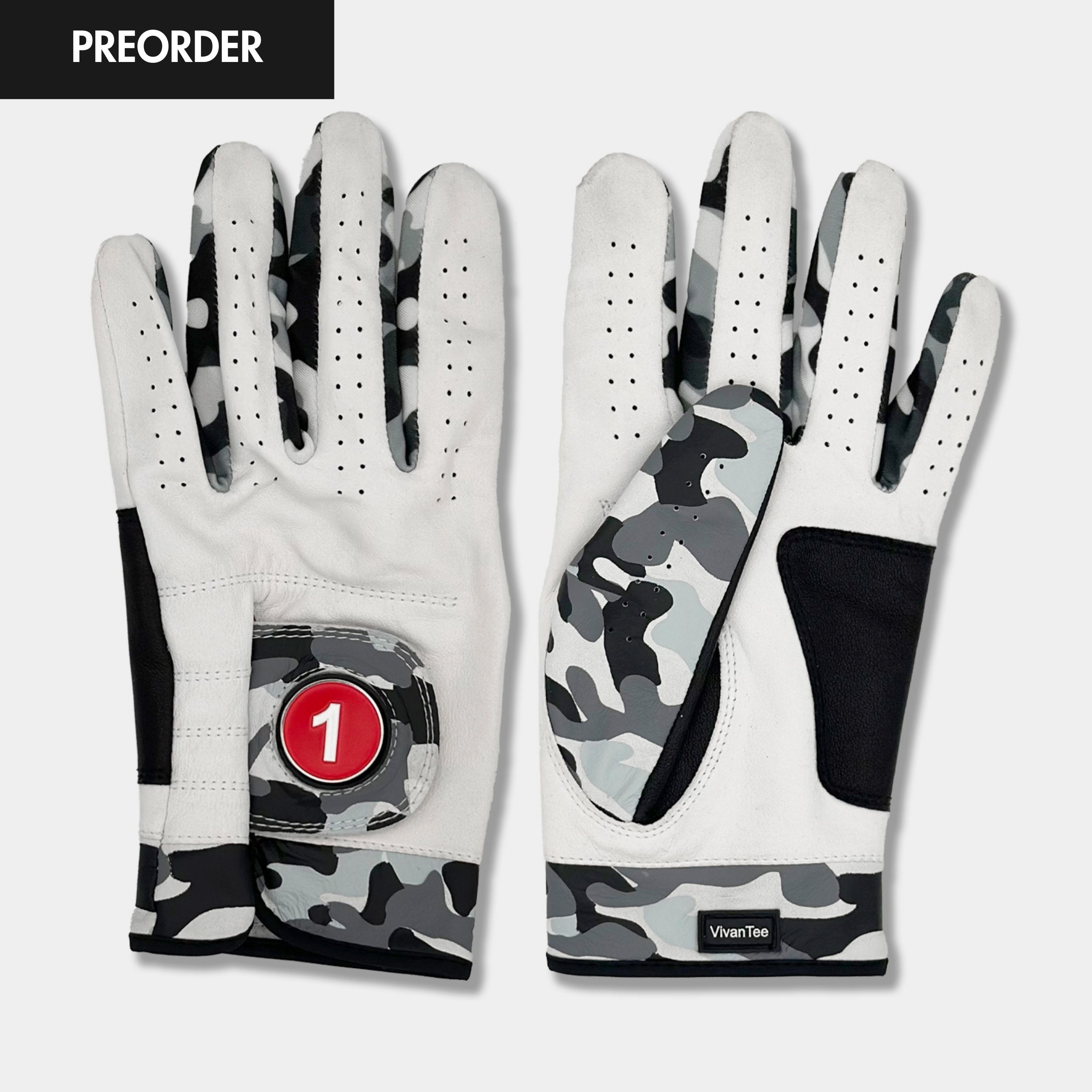 Pair of men's ghost camo golf glove with a red magnetic ball marker laid down showing the camo design on front and back of the golf glove.