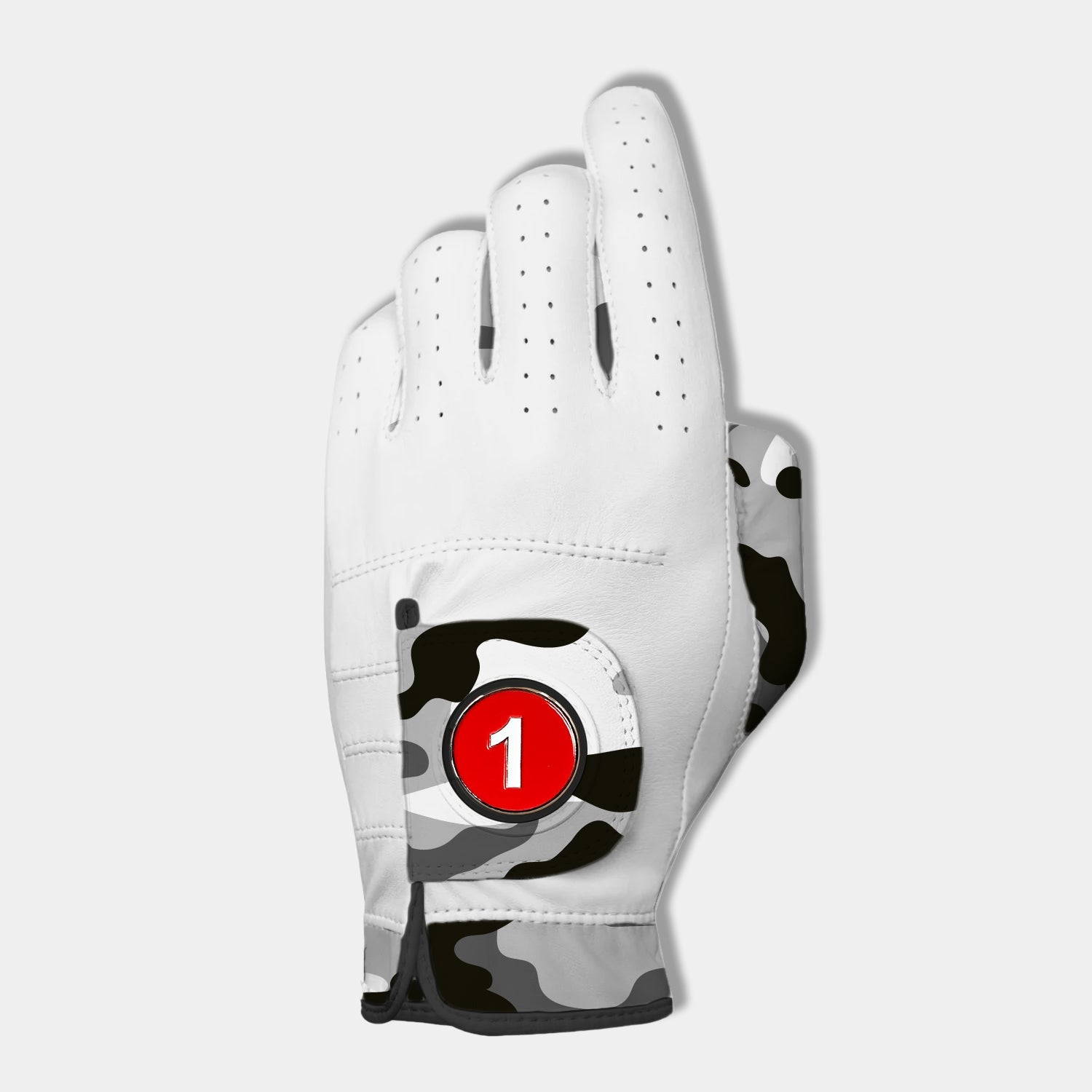 Womens Gowanus Ghost camo golf glove with red magnetic ball marker.