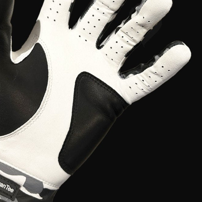 Palm of cabretta leather golf glove with a palm patch in black for extra protection and style.