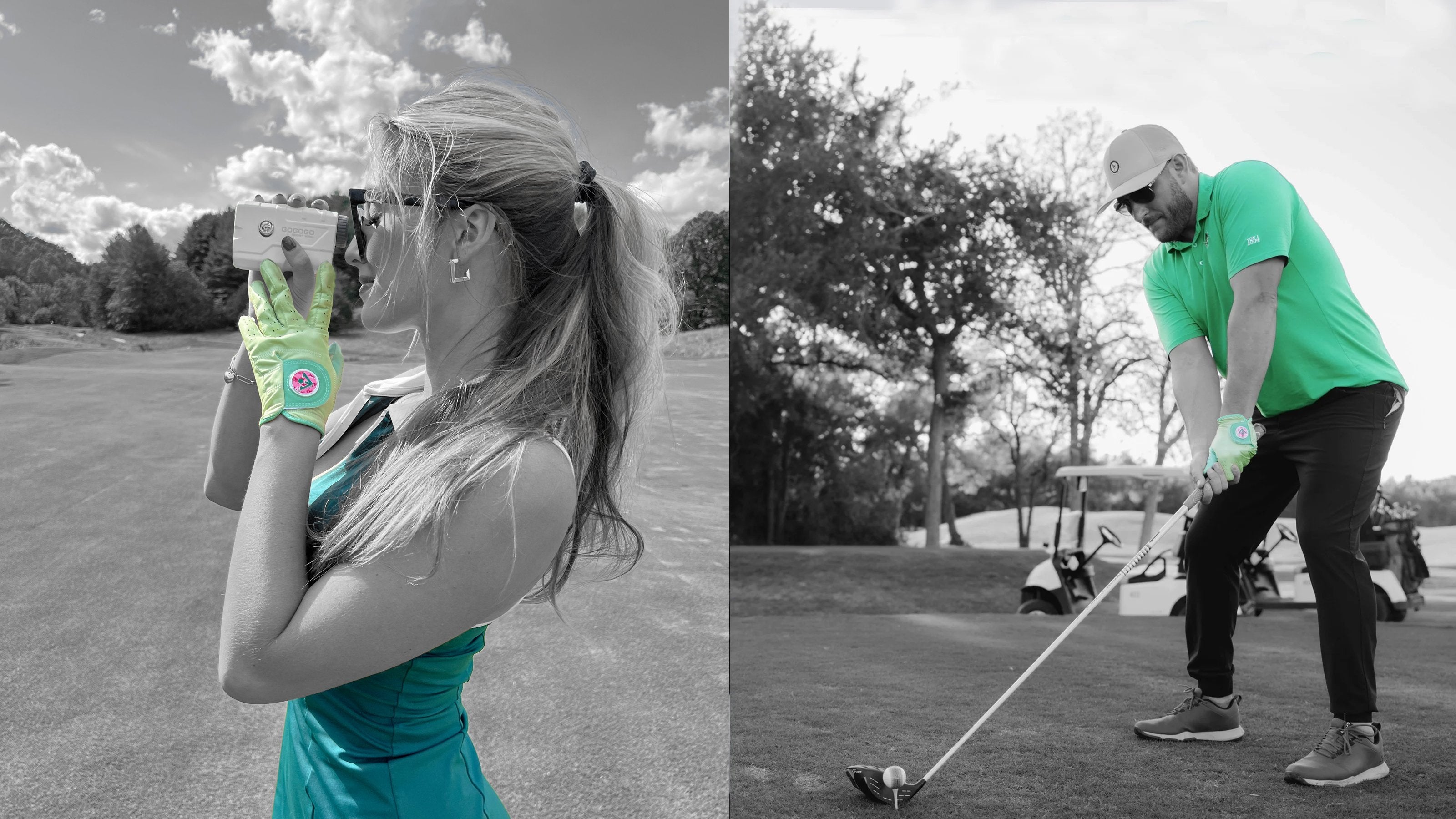 Woman holding a range finder wearing unique VivanTee green golf glove with ball marker; to the right, a man in a green shirt and matching golf glove prepares to tee off.