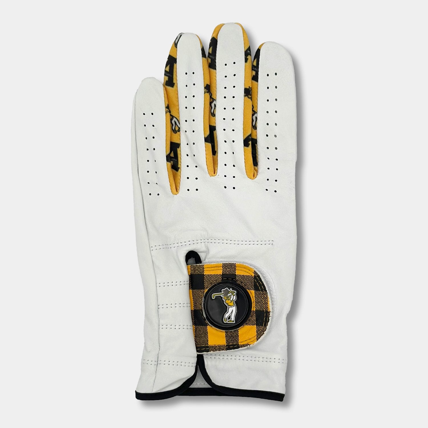 Finished custom golf glove with magnetic ball marker in yellow and black with Mountaineer logo on ball marker, wholesale golf glove order pictured as a single glove.