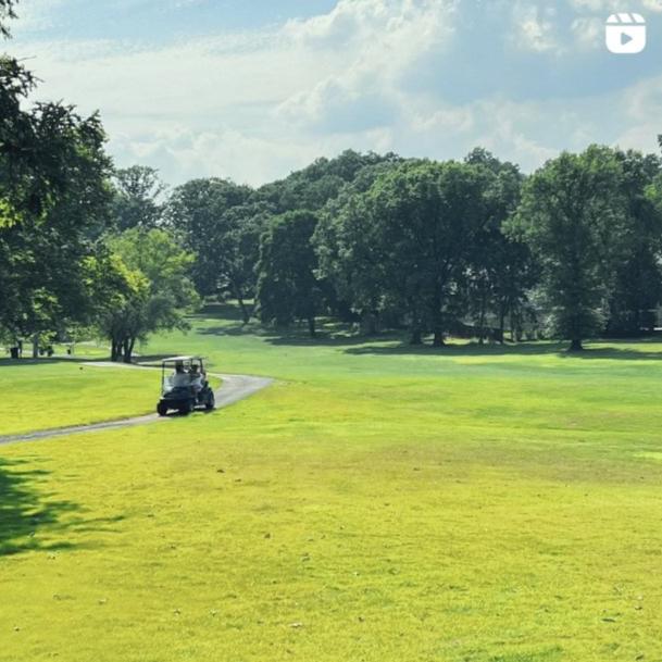 Image of a golf course in a yellow green setting with a golf cart in the distance.