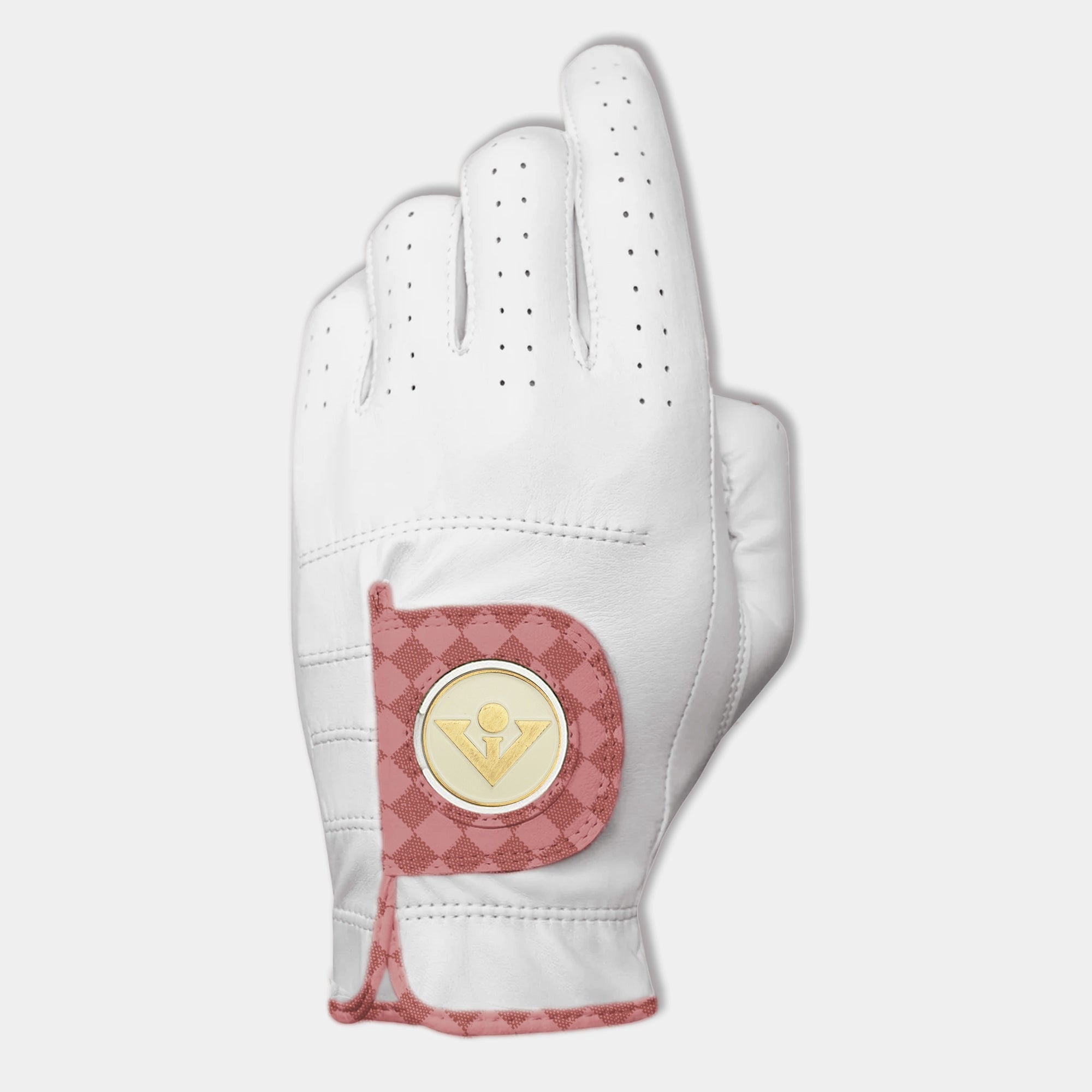 Women's pink Golf glove with checkered pull tab, designer golf gloves for women.