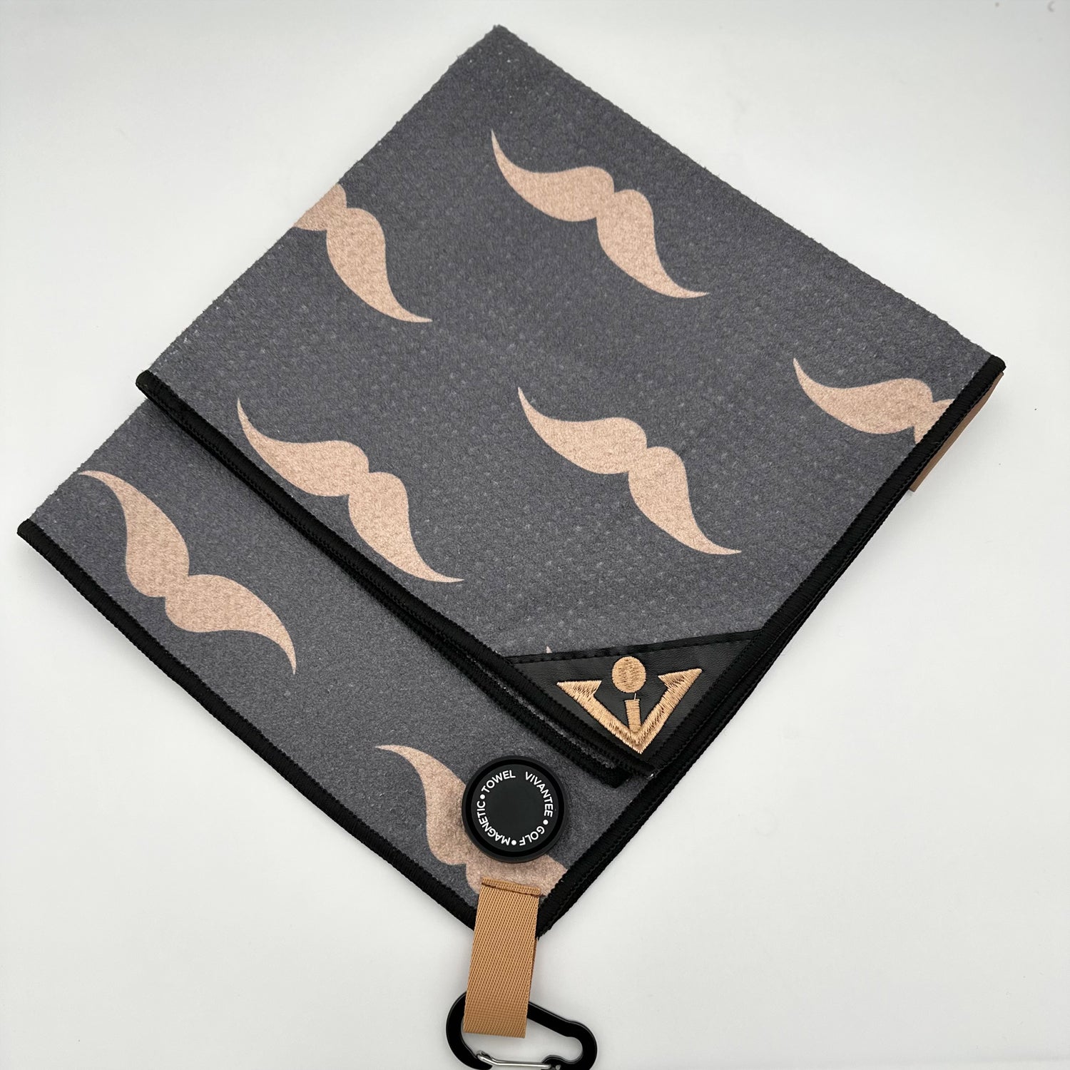 Mustache print magnetic golf towel in charcoal and tan colors by VivanTee Golf.