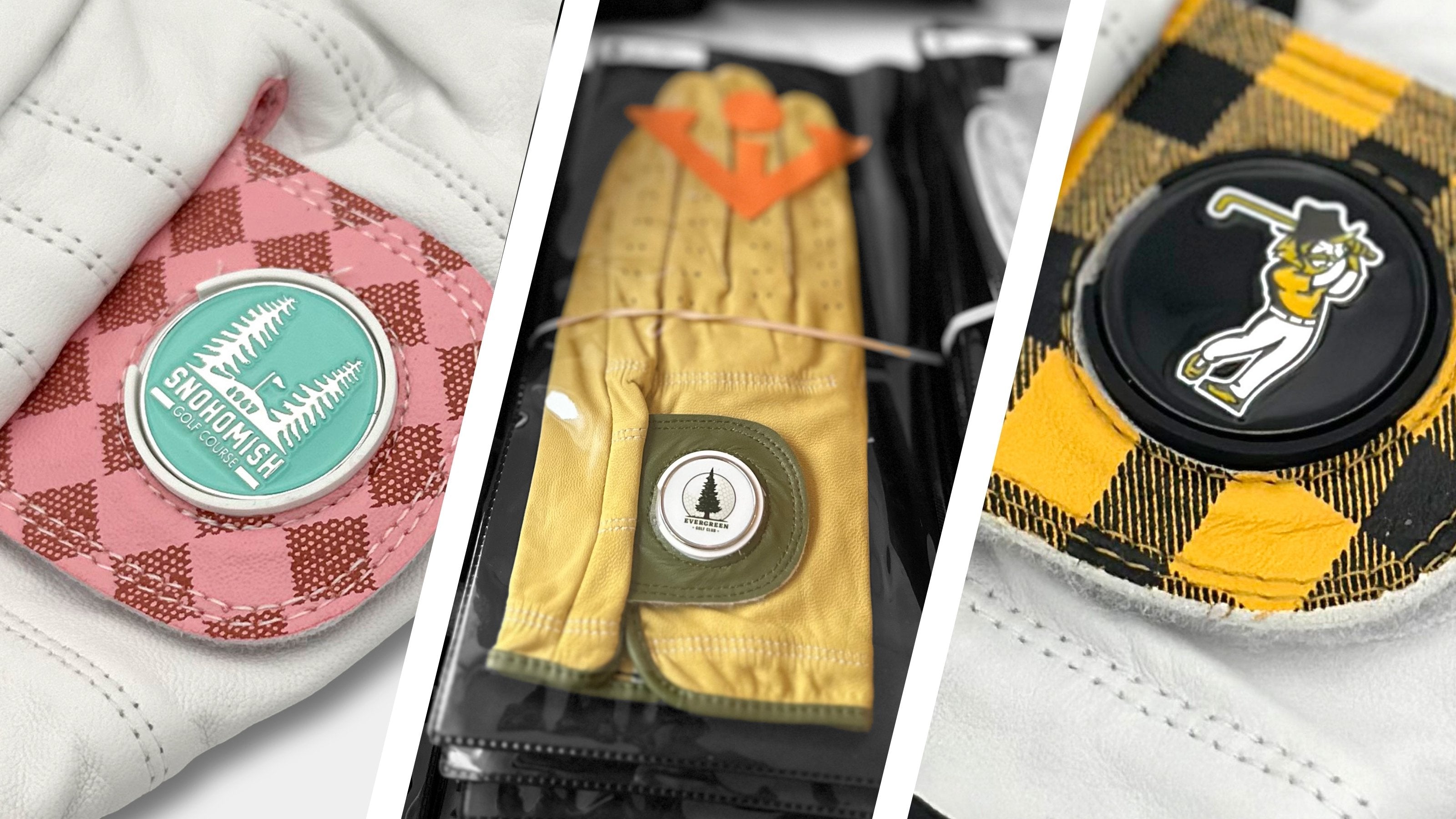 Image of 3 different custom golf gloves for wholesale prices with magnetic ball markers showing a variety of different logos and velcro pull tab pairings.